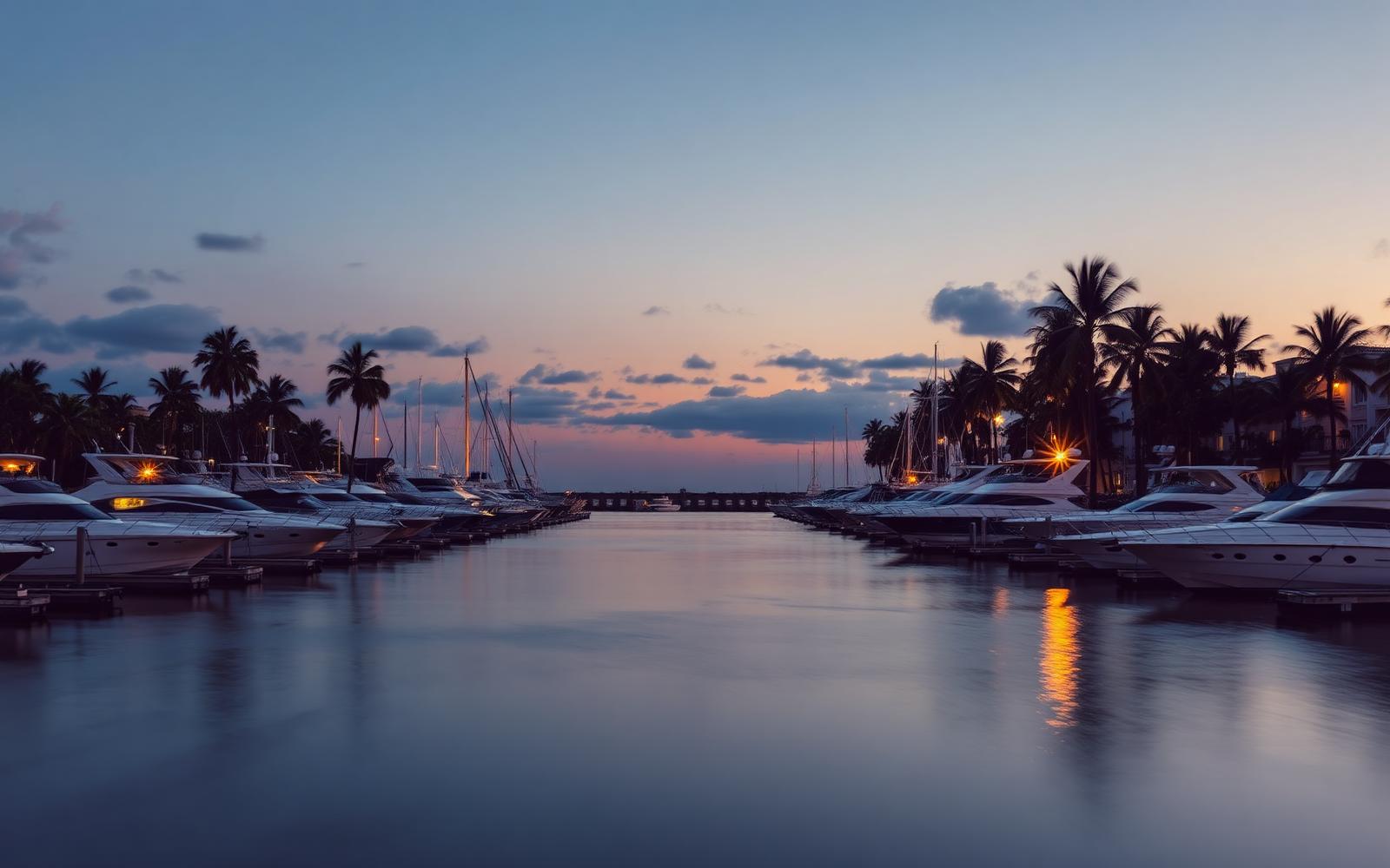 Boca Raton marina at dusk with yachts docked along the seawall